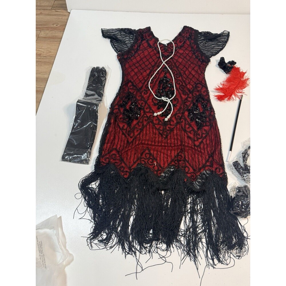 Women's Black Red Sequin Fringe Flapper Dress & Accessories Size large